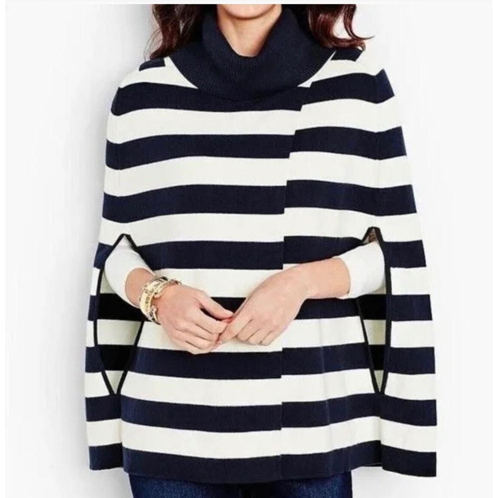 Talbots Striped Knit Cowl Neck Poncho Sweater Women M Navy White